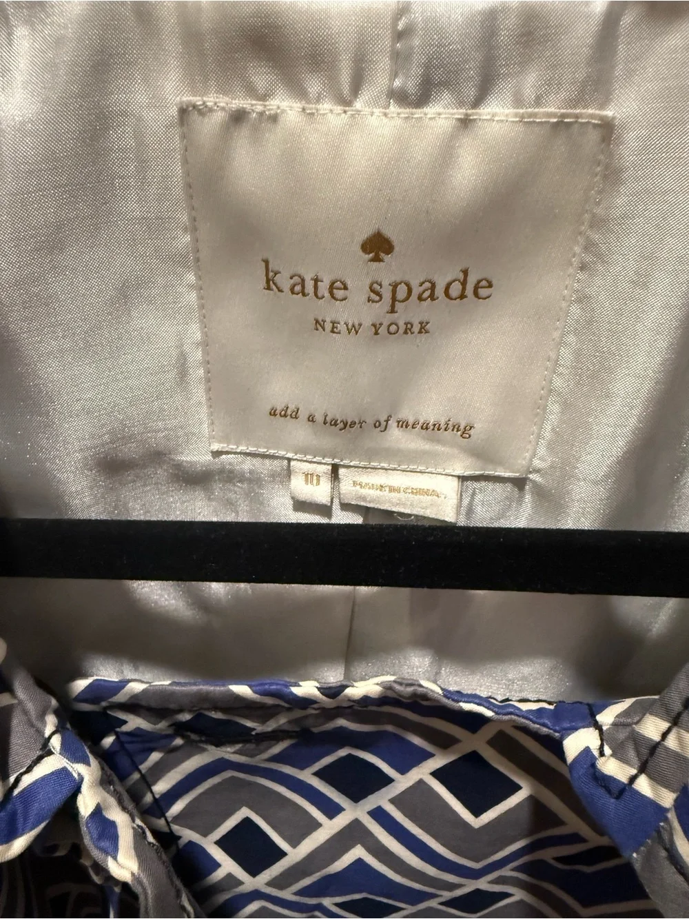 Kate Spade New York Geometric Print Trench Coat 10 Blue Gray Belted Rain Jacket